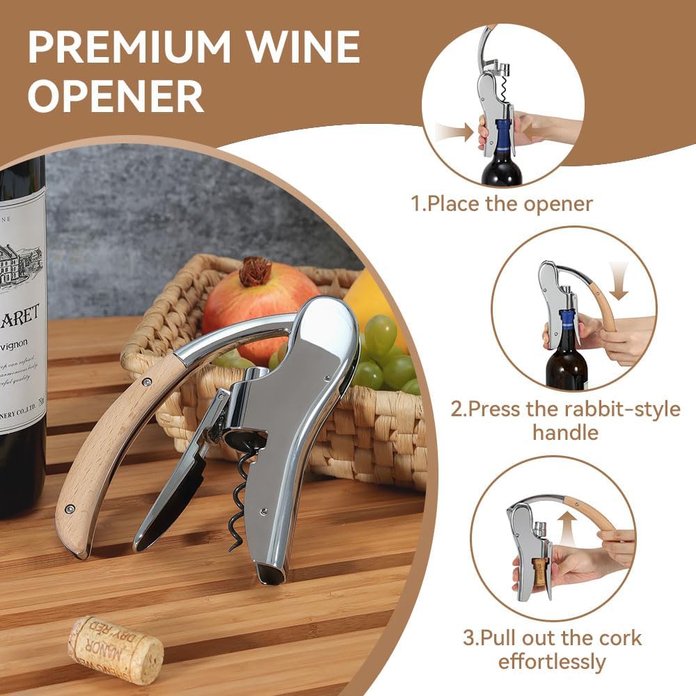 Rabbit Wine Opener with Wooden Handle & Foil Cutter