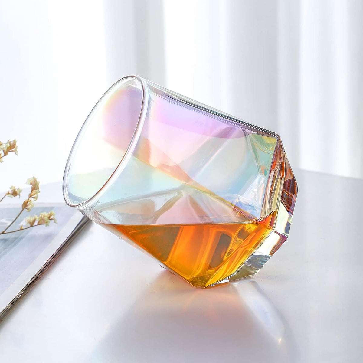 Wine Glasses Set of 2, Diamond Stemless Wine Glasses - Iridescent Glassware