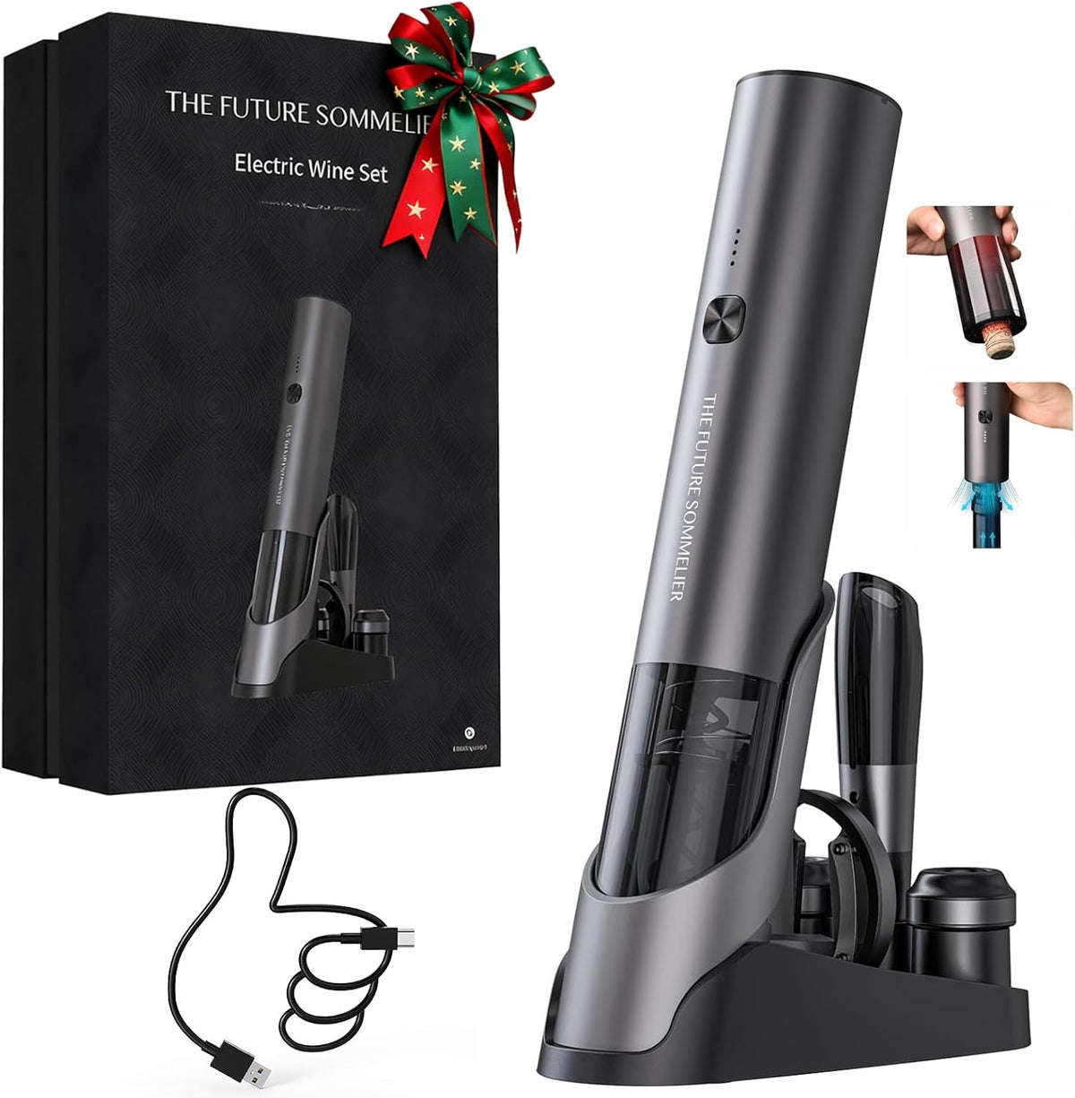 CIRCLE JOY Electric Wine Opener Rechargeable, 7-in-1 Automatic Wine Bottle Opener Gift Set with Electric Vacuum Pump, Foil Cutter, Aerator Pourer, 2 Stoppers & Charging Base, Black