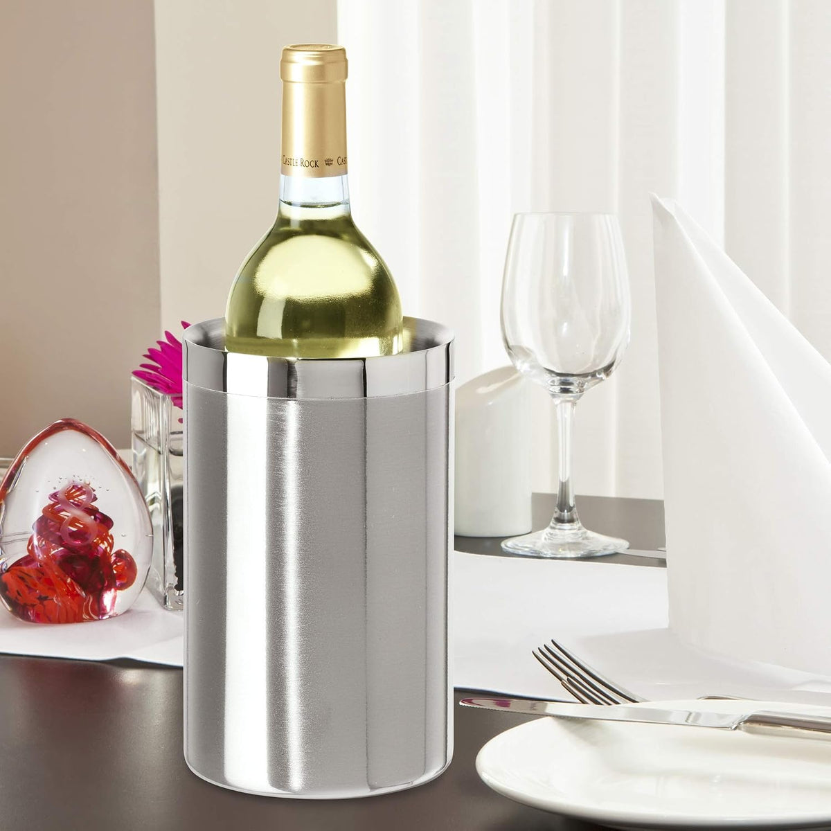 Enfriador de Vino de Acero Inoxidable de Doble Pared – Cubitera Térmica de Sobremesa para Vino Blanco, Cava y Champán – Compatible con Botellas de Tamaño Estándar