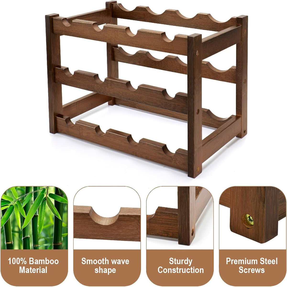 Bamboo Wine Rack, 3-Tier 12 Bottles Wine Storage Cabinet Shelf