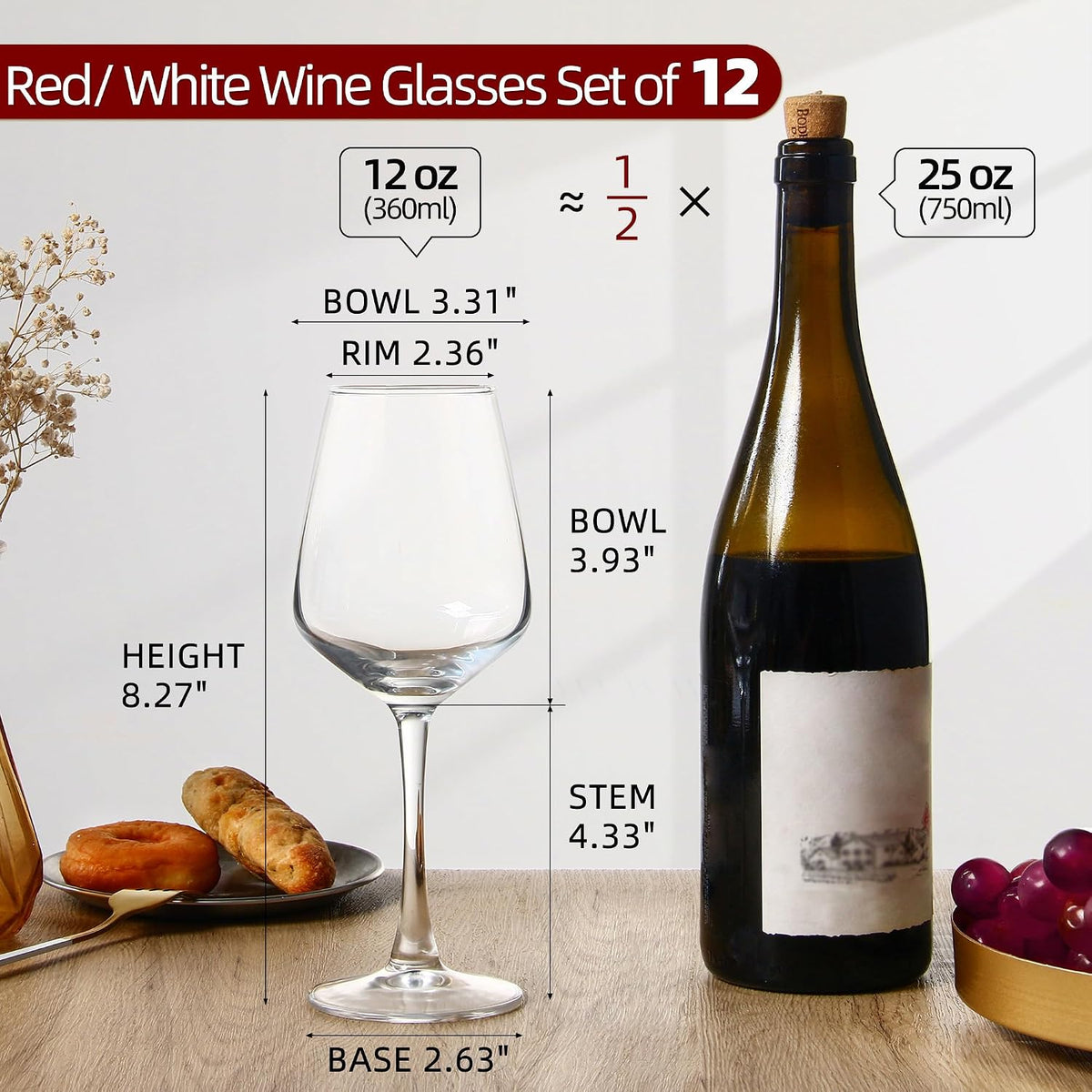 Wine Glasses Set of 12, 12oz Clear Red/White Wine Cup, Long Stem Wine Glasses for Party, Wedding and Home