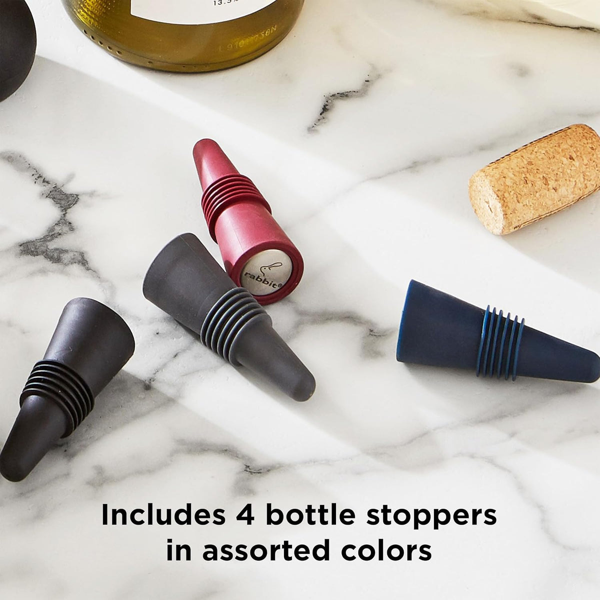Rabbit W6121 Bottle Stoppers Set of 4, Multicolor Wine Bottle Caps to Preserve Freshness, Stylish and Durable, Perfect for Parties and Gifts